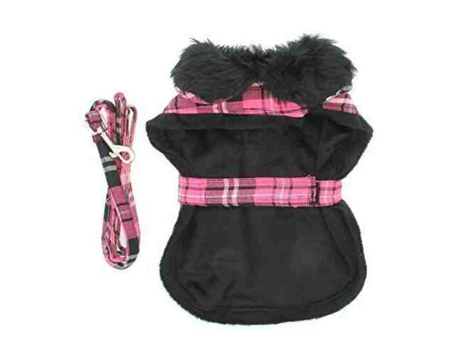 Doggie Design Pink Classic Plaid Wool-Fur Collared Harness Coat withLeash