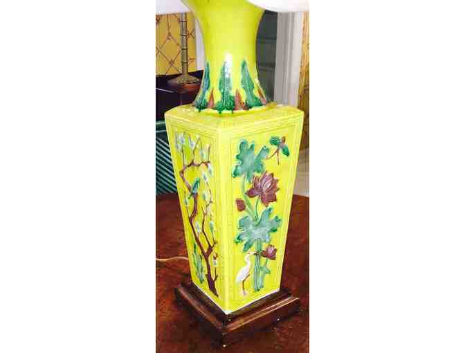 Antique Lamp - Chinese Vase Embossed with Hand Painted Lotus Leaves and Birds