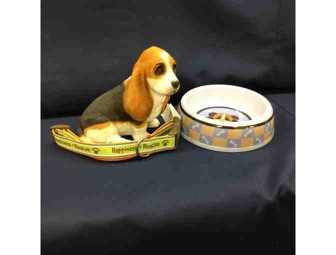 Basset Hound Bank, a Bowl, and a Collar that says 'Happiness = Rescue'