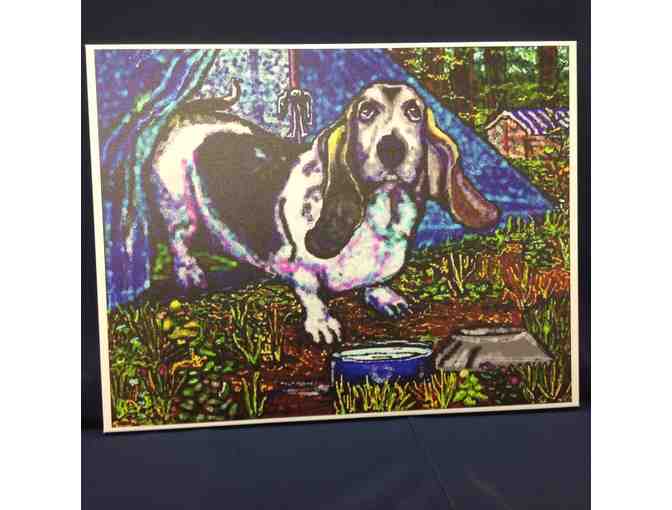 'Basset Camping' - Stretched Canvas Print by Patrick Wm Connally - 21x26'