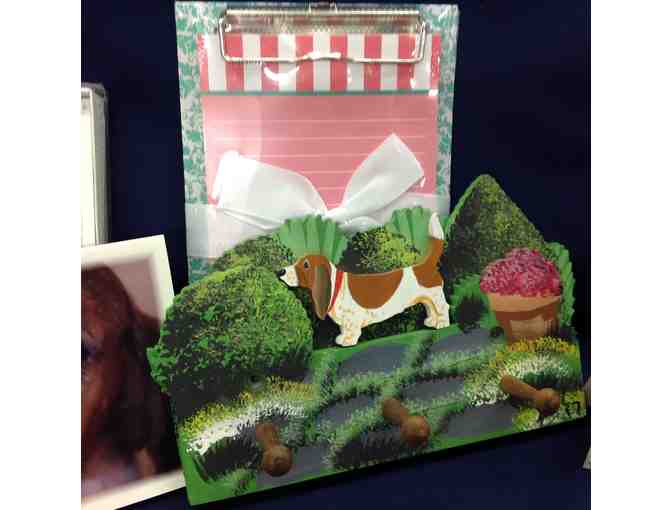 Whimsical wall-mounted leash hanger (basset design) and assorted note cards/memo pad etc.