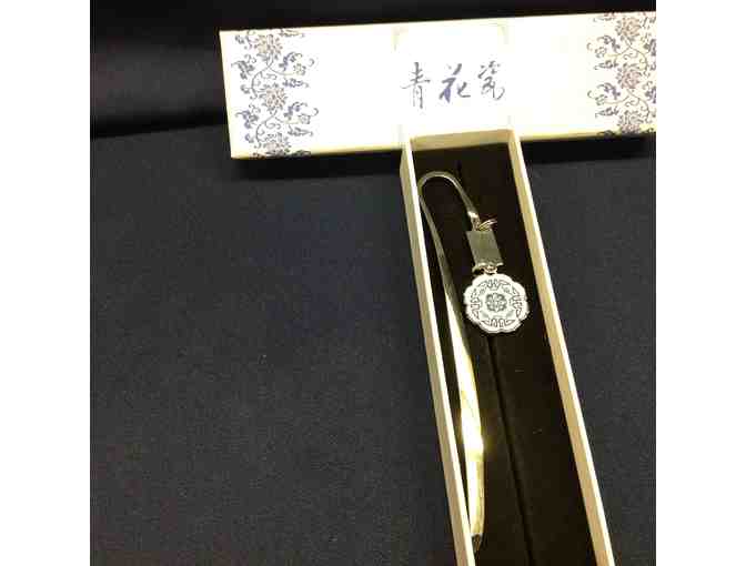 Asian-inspired silver tone bookmark and satin checkbook cover