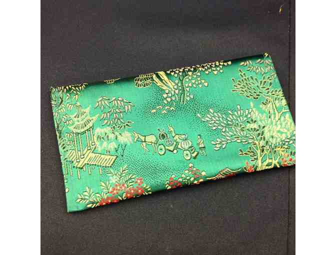 Asian-inspired silver tone bookmark and satin checkbook cover