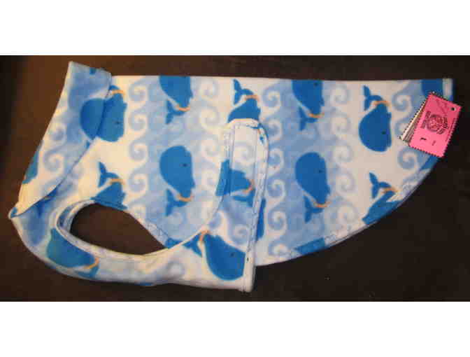 Dog fleece coat, size L, Blue Whale print, fits average sized basset hound