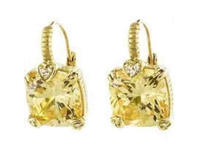 18K Gold Cushion Cut Earrings, Canary Crystal, Dia WT 0.65cts - Photo 1