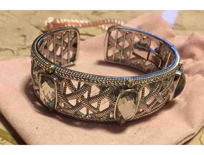 18K Sterling Silver and 18K Gold Diamond and Green Quartz Basket Weave Cuff - Photo 1