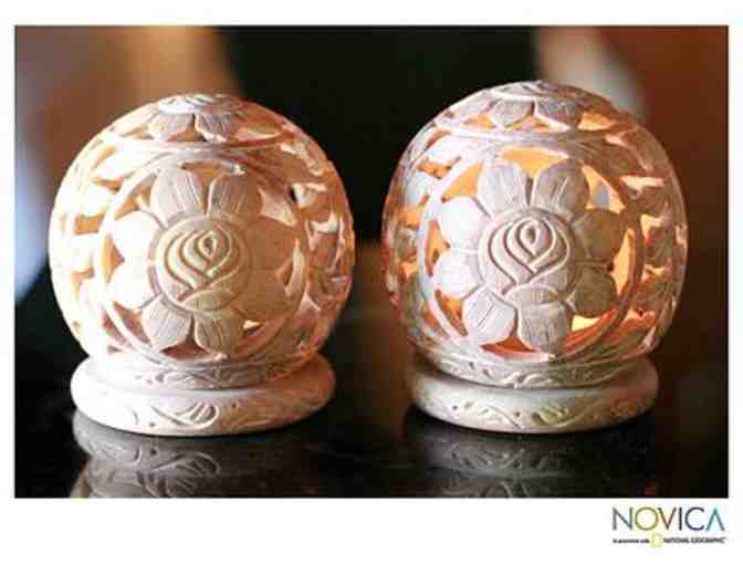 Natural Soapstone Candleholders Hand Carved in India (Pair), 'Sunflowers'