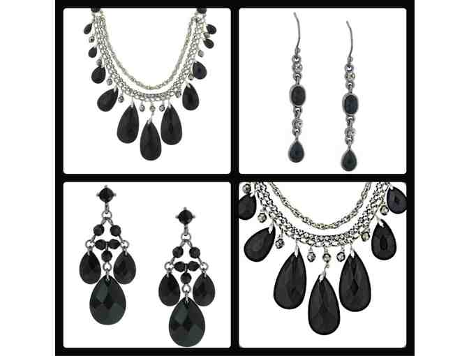 1928 JEWELRY: Suite of Black Necklace & 2 pairs of Earrings