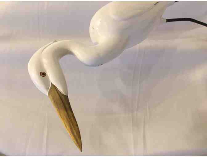 Custom wooden egret figure from The Wright Gallery