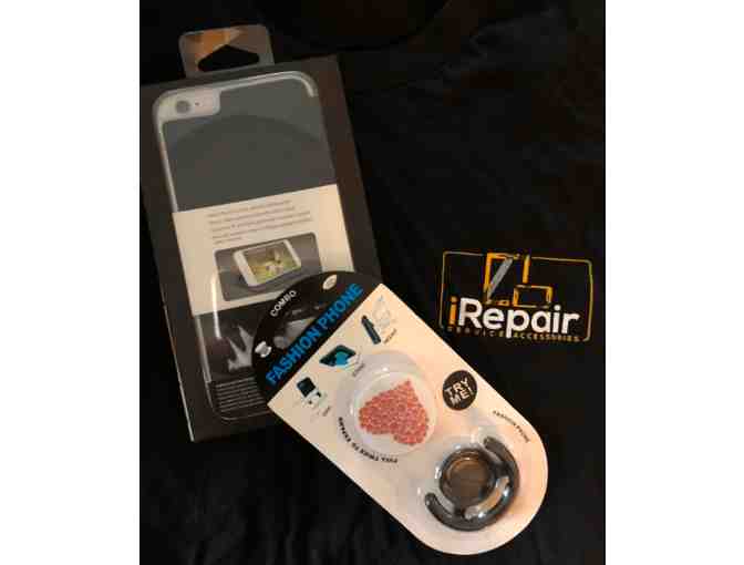T-shirt, pop-socket, and SurfacePad for iPhone 6 Plus donated by iRepair