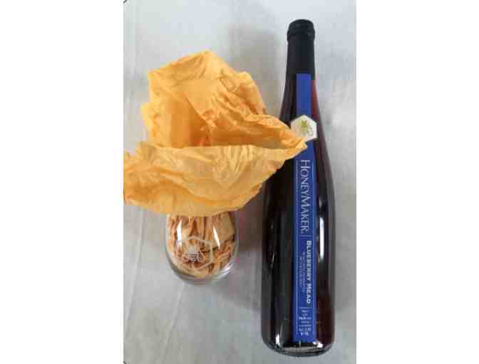 Maine Mead Works Honey Maker Blueberry Mead and two custom glasses