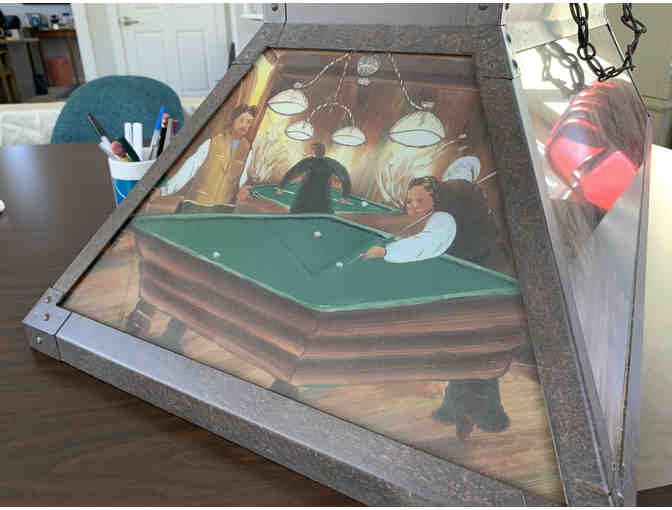 Antique glass billiards table light donated by Arundel Farm Gallery