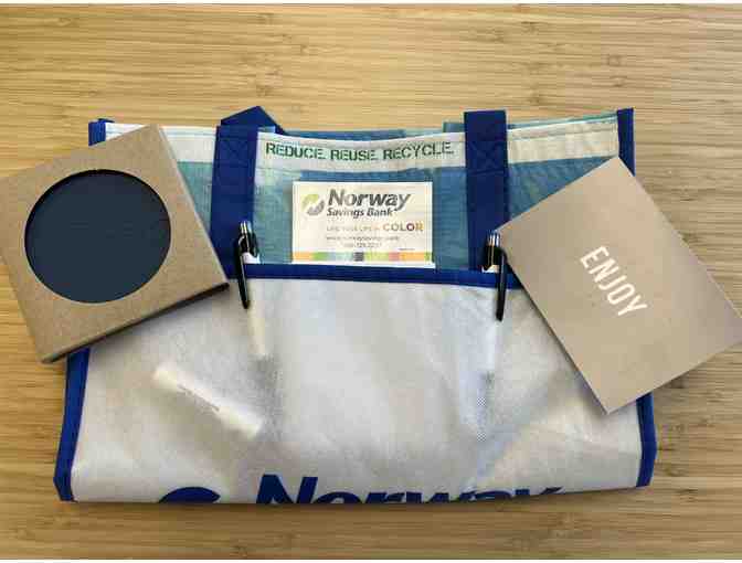 $50 River's Edge Spa and Salon gift card and Norway Savings Bank shopping bag
