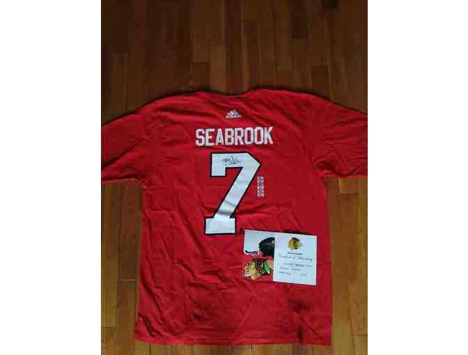 2 Tickets to Chicago Blackhawks Game and Signed Brent Seabrook XL T-Shirt