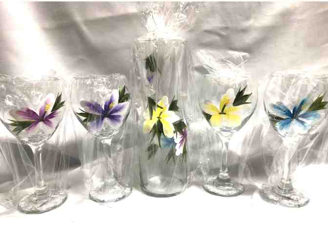 One of a Kind Hand Painted Flower Glasses and Carafe