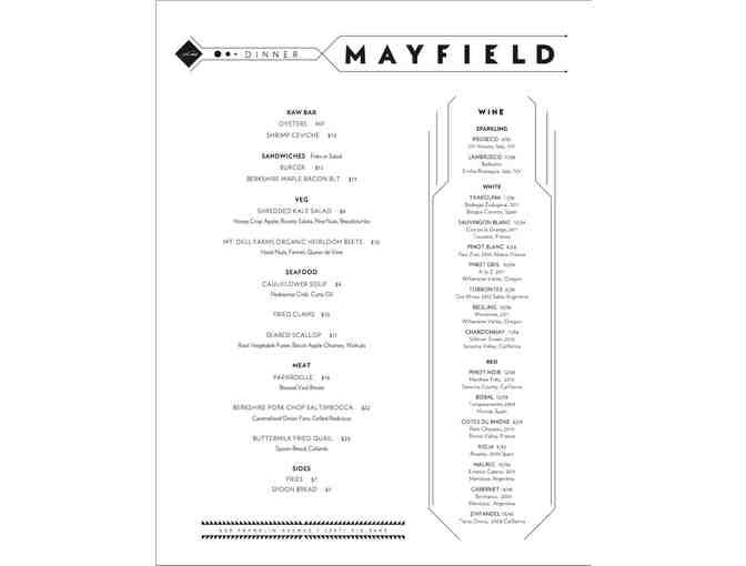 MAYFIELD, dinner (cocktails too!) for 2