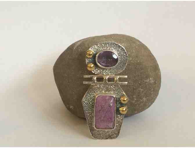 Sterling Silver Pendant with Amethyst, Rhodonite, and Bronze Beads