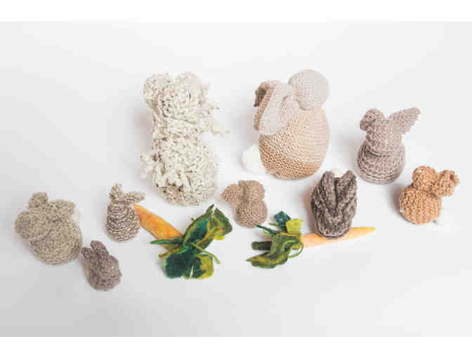Handknit Bunny Family with Handmade Wooden Bunny Hutch