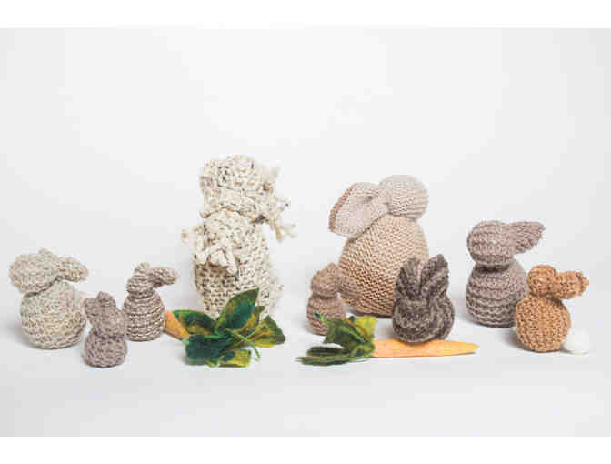 Handknit Bunny Family with Handmade Wooden Bunny Hutch