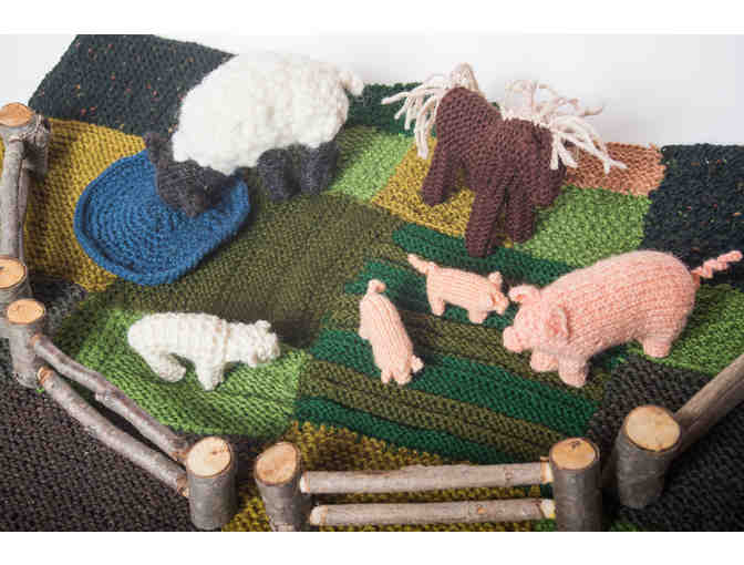 Handknit Farm Animal Set with Grass, Wooden Barn and Fence Pieces