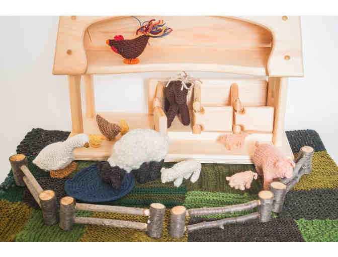 Handknit Farm Animal Set with Grass, Wooden Barn and Fence Pieces