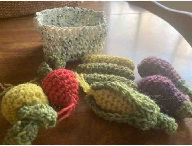 Rainbow Colors Crochet 'Plant-Dyed Wool' Vegetables and 'Reused Shopping Bags' Baskets