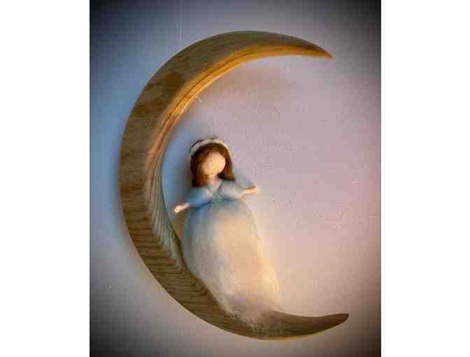 Handmade Spring Fairy Hung on Wooden Moon