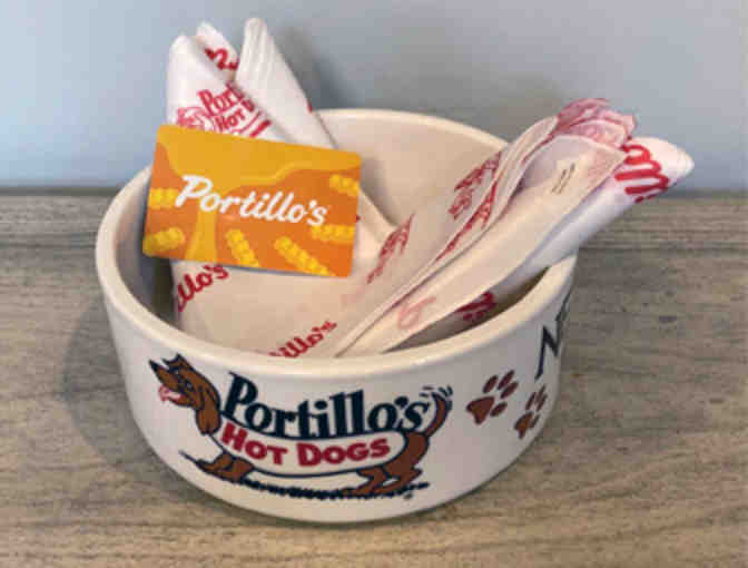 Portillo's gift card, doggy bowl and doggy bandanas