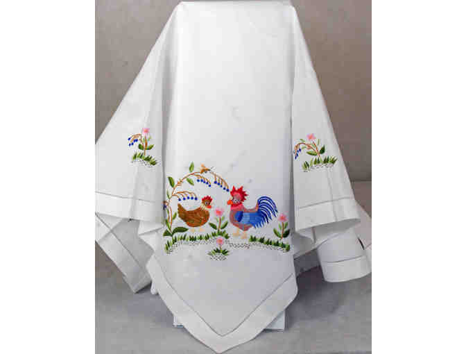 Table Topper with Embroidered Roosters and Hens