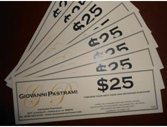 Two (2) $25.00 Gift Certificates To Giovanni Pastrami in Waikiki
