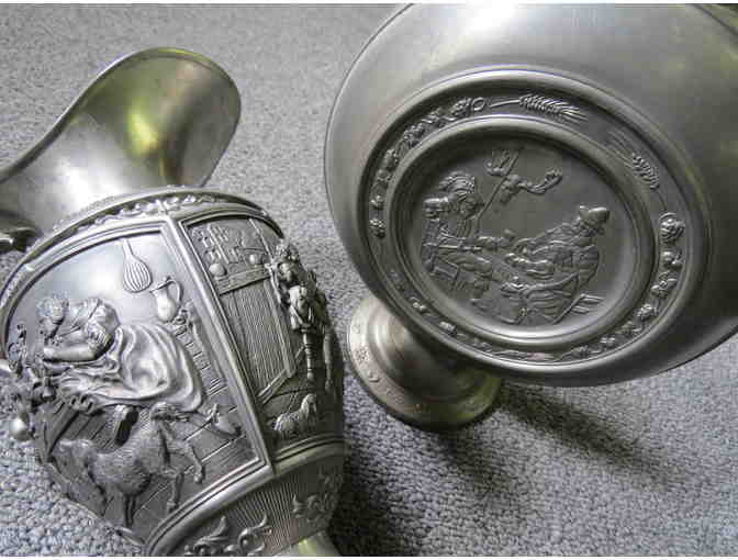 Set of 2 Pewter Vessels with Dogs