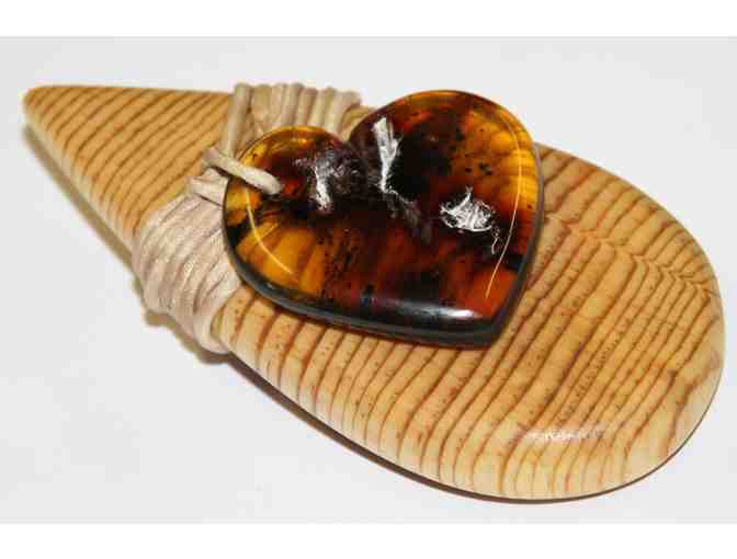 Carved Teardrop with Amber Heart - Made from 'Harley's Tree Stump'