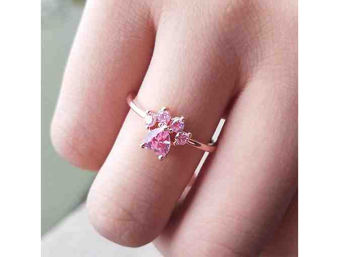 Pink Crystal Heart Paw Print Adjustable Ring