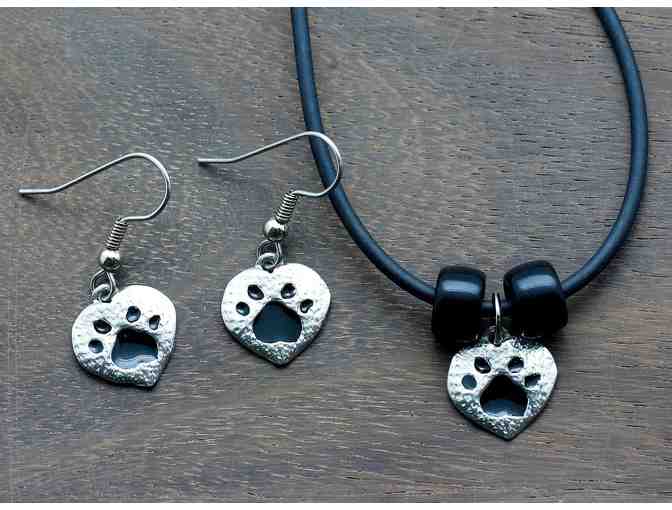 Paw Print Pewter Heart Necklace & Earrings Set
