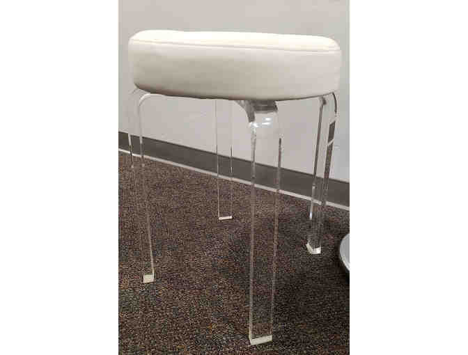 White Leather and Lucite Vanity Stools and Freestanding Towel Valet