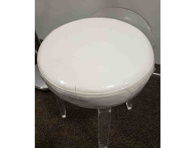 White Leather and Lucite Vanity Stools and Freestanding Towel Valet