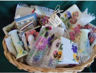 $25 Gift Card to the Woburn Florist accompanied by a pansy theme gift basket