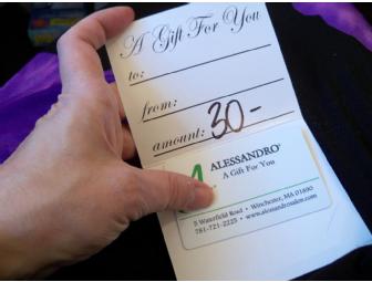 $30 Alessandro Salon Gift Card accompanied by a heart themed basket