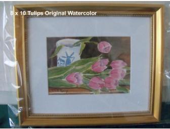 Floral theme package includes a 60' handmade quilt and original framed tulip watercolor