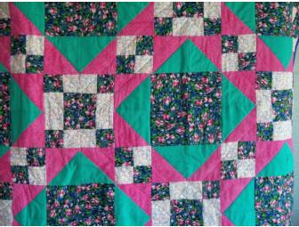 Floral theme package includes a 60' handmade quilt and original framed tulip watercolor