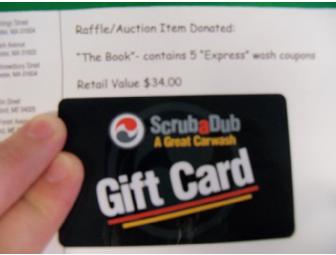 ScrubaDub Gift Card for 5 express washes with a Sports theme basket