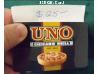 $25 Uno Gift Card with collectible plates and gifts in a basket