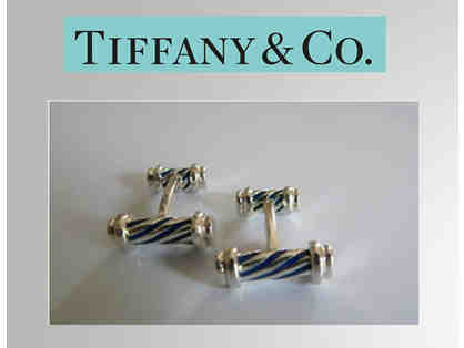 Elegant Tiffany & Co. Sterling Silver and Blue Enamel Column Cufflinks