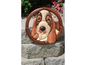 9' Round Wood Basset Hound Intarsia Wall Hanging
