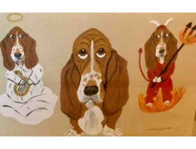 Framed Basset Original Folk Art - devil or angel?