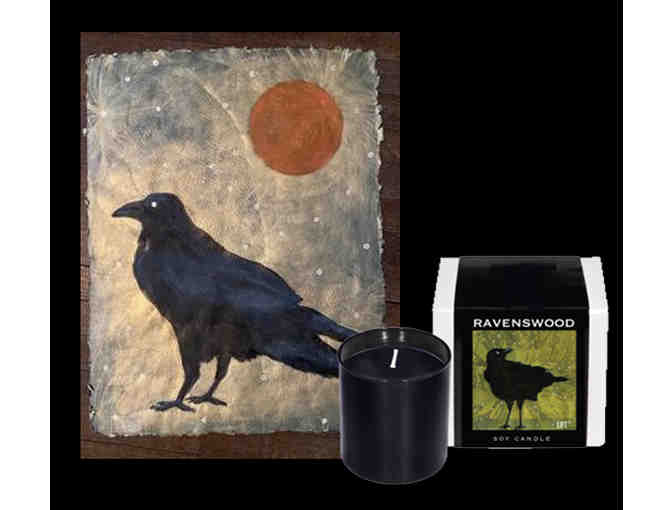 Crow Sunrise Mixed Media Painting by Artist Beth Herman Adler + Ravenswood Candle