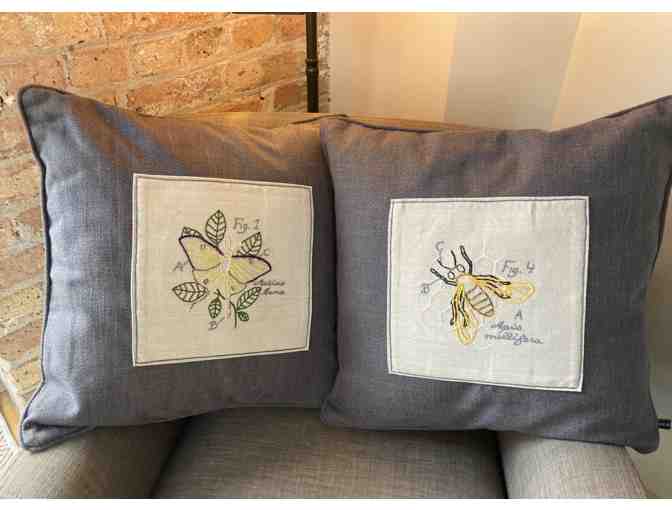 Two Pillows with Hand-Embroidered Botanical Drawings