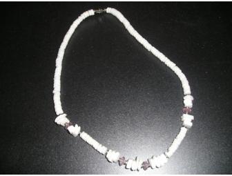 White Puka Shell Necklace with Pink Beads