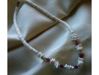 White Puka Shell Necklace with Pink Beads
