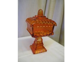 Vintage Covered Amber/Orange Glass Pedestal Candy or Nut Dish